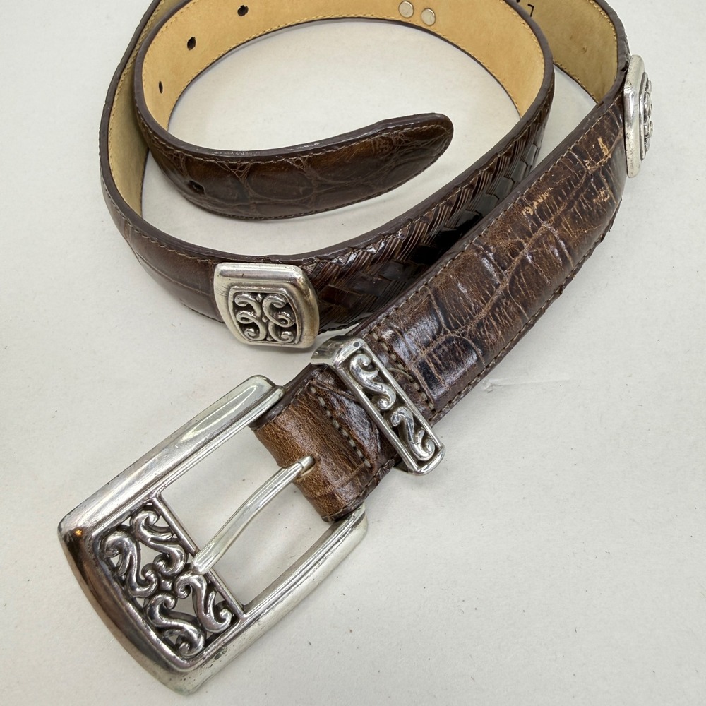 Vintage Brighton Brown Croc Embossed Woven Leather Belt Silver Scroll Buckle